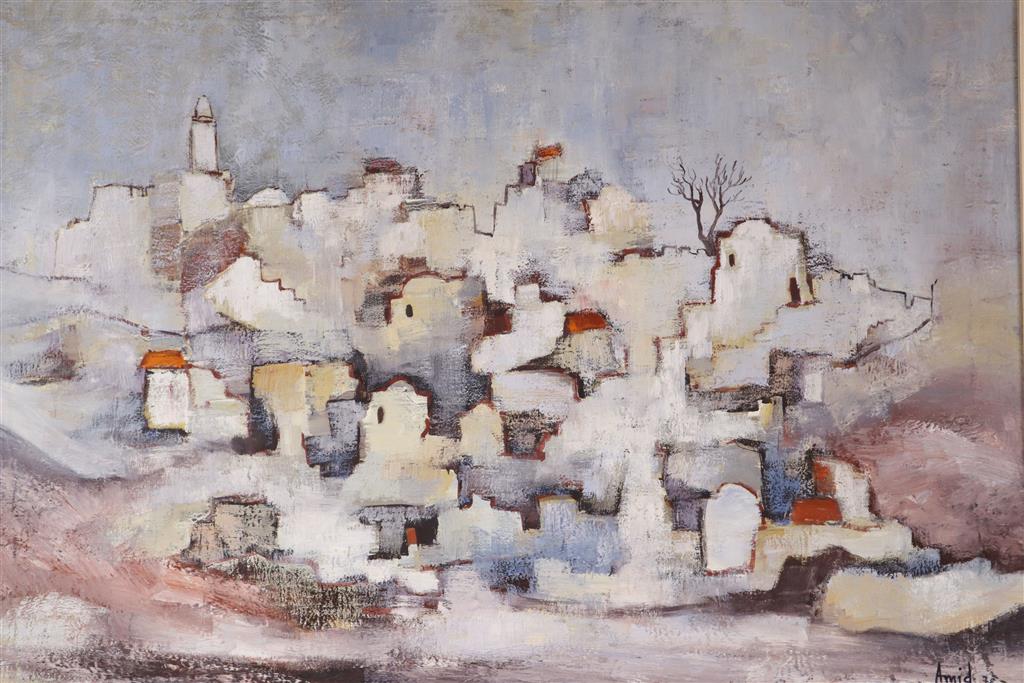 Asher Amid, oil on canvas, Israeli village, signed and dated 78, 49 x 69cm